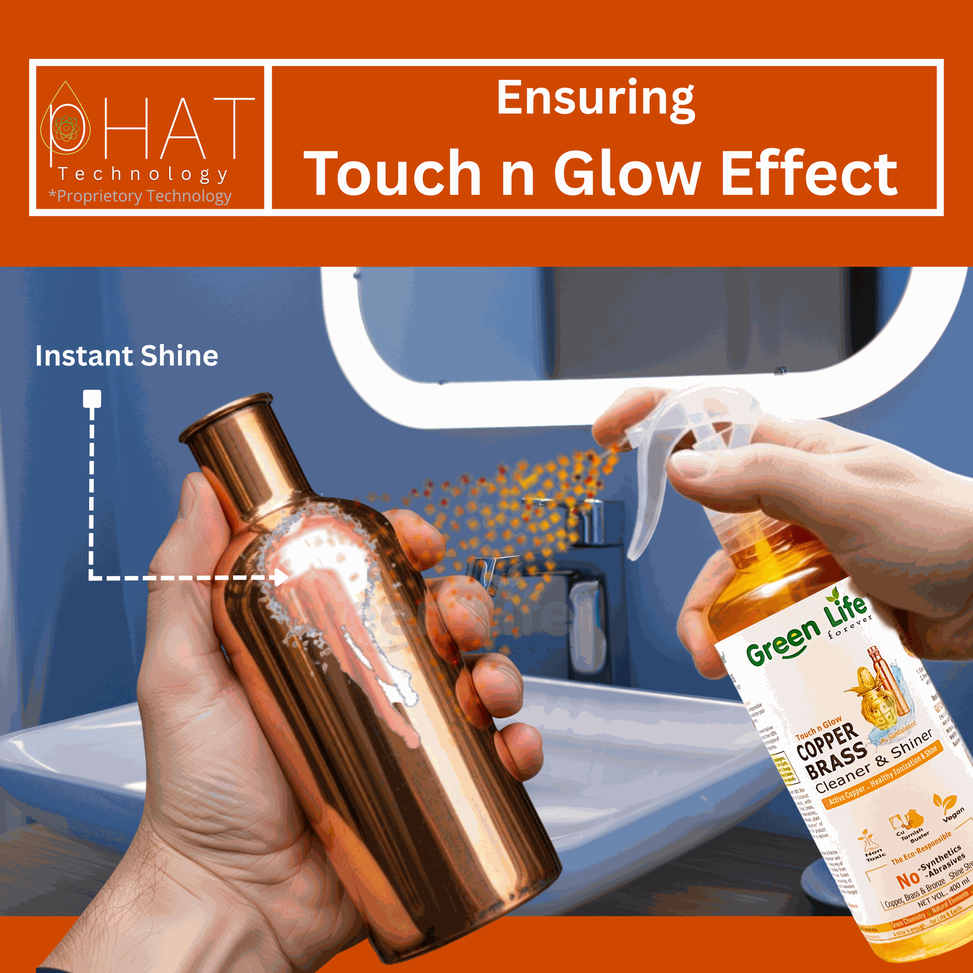 Instantly Shines tamba pital Items in a Spray with Green Life Forever Copper Bronze and Brass Cleaner &amp; Shiner Concentrate Pack makes 400ml Ready to use Spray powered by our Proprietary pHAT Technology that give Touch n Glow Effect