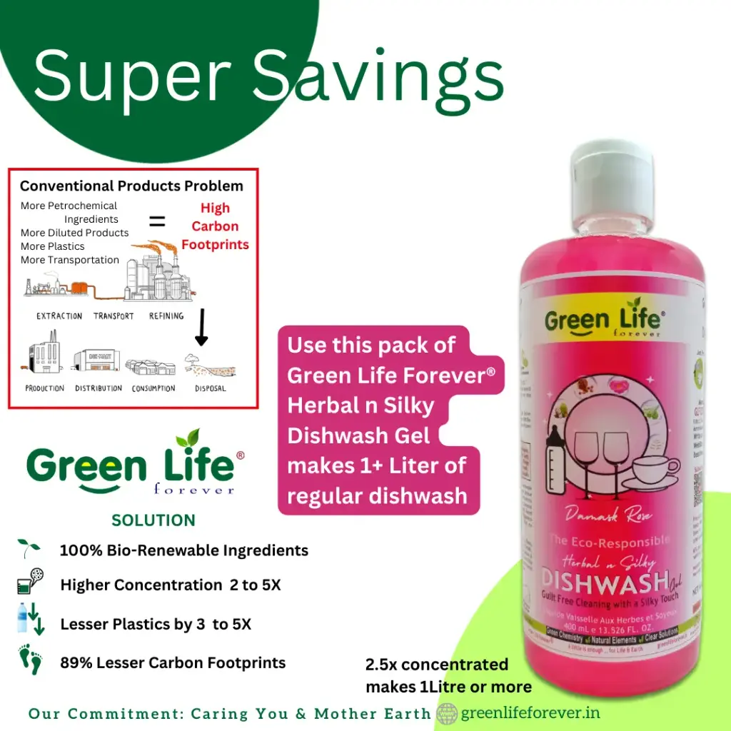 Green Life Forever Herbal N Silky Dishwash Gel Damask Rose 400ml makes 1Ltr, Natural & Organic, Plant Based, Non-Toxic, Eco-Friendly, Baby & Pet Safe, greenlife3