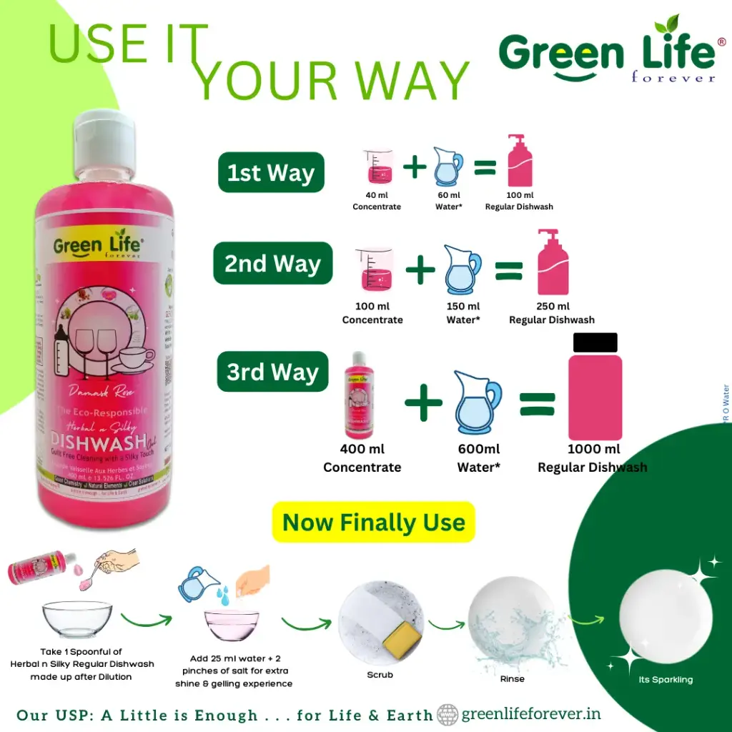 Green Life Forever Herbal N Silky Dishwash Gel Damask Rose 400ml makes 1Ltr, Natural & Organic, Plant Based, Non-Toxic, Eco-Friendly, Baby & Pet Safe, greenlife4